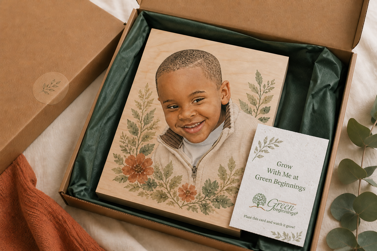 A Grow With Me wood portrait in a kraft box with green tissue and plantable card